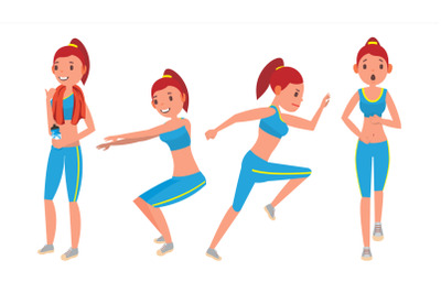 Fitness Girl Vector. Set. Various Views. Aerobic And Exercises. Full Body Workout. Female Fitness. Flat Cartoon Illustration