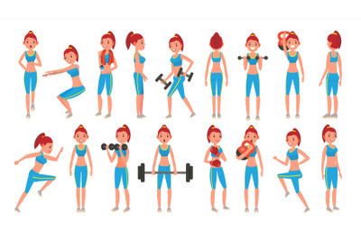 Fitness Girl Vector. Different Poses. Exercises For Fat People. Healthy Lifestyle Concept. Woman Fitness. Isolated On White Cartoon Character Illustration