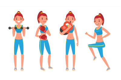 Fitness Girl Vector. Set. Modern Workout With Stretching, Weights. Healthy Lifestyle. Cartoon Character Illustration