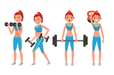 Fitness Girl Vector. Different Poses. Doing Fitness Exercises. Lunges, Squats, Plank. Woman Fitness. Flat Cartoon Illustration