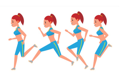 Female Running Vector. Animation Frames Set. Sport Athlete Fitness Character. Marathon Road Race Runner. Woman Side View. Sportswear. Jogging, Workout. Isolated Flat Illustration