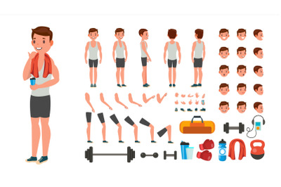 Fitness Man Vector. Animated Athlete Character Creation Set. Full Length, Front, Side, Back View, Accessories, Poses, Face Emotions, Various Hairstyles, Gestures. Isolated Flat Cartoon Illustration