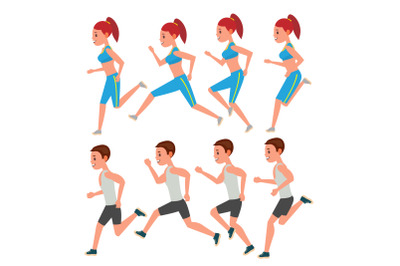 Male And Female Running Vector. Animation Frames Set. Sport Athlete Fitness Character. Marathon Road Race Runner. Woman Side View. Sportswear. Jogging Couple, Workout. Isolated Flat Illustration