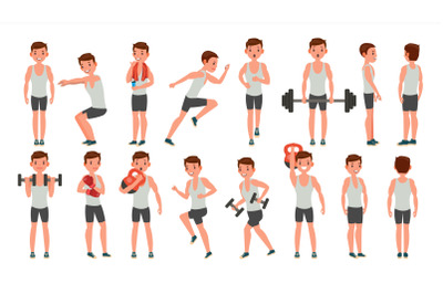 Fitness Man Vector. Different Poses. Weight Training. Exercising Male. Man Figures Is Training On Sport Club. Isolated On White Cartoon Character Illustration