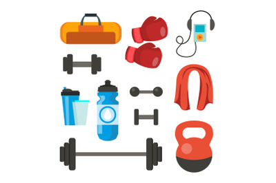 Fitness Icons Set Vector. Sport Tools Accessories. Bag, Towel, Weights, Dumbbell, Bar, Player, Boxing Gloves. Isolated Flat Cartoon Illustration