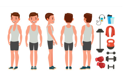 Fitness Man Vector. Different Poses. Lifestyle Design. Exercise And Athlete. Isolated Flat Cartoon Character Illustration