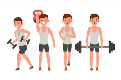 Fitness Man Vector. Different Poses. Work Out. Active Fitness. Flat Cartoon Illustration