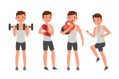 Fitness Man Vector. Different Poses. Work Out. Active Fitness. Flat Cartoon Illustration