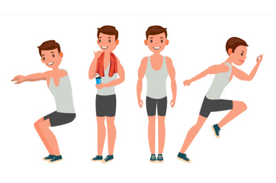 Fitness Man Vector. Different Poses. Variety Of Sport Movements. Cartoon Character Illustration