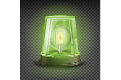 Green Flasher Siren Vector. Realistic Object. Light Effect. Rotation Beacon. Warning And Emergency Flashing Siren. Isolated On Transparent Background Illustration