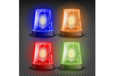 Realistic Flasher Siren Set Vector. Red, Orange, Green, Blue. 3D Realistic Object. Light Effect. Rotation Beacon. Emergency Flashing Siren. Isolated On Transparent Background Illustration