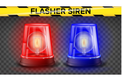 Red And Blue Flasher Siren Vector. 3D Realistic Object. Light Effect. Rotation Beacon. Police Cars Ambulance. Emergency Flashing Siren. Isolated On Transparent Background Illustration