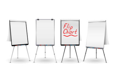 Flip Chart Set Vector. Office Whiteboard For Business Training. Blank Sheet Of Paper On a Tripod. Presentation Stand Board. White Clean Epty Paper. Isolated Illustration