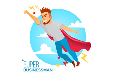 Super Businessman Character Vector. Red Cape. Business Man Flying To Success. Leadership Concept. Creative Modern Business Superhero. Isolated Flat Cartoon Illustration