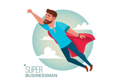 Super Businessman Character Vector. Successful Superhero Businessman Flying In Sky. Achievement Victory Concept. Waving Red Cape. Isolated Flat Cartoon Illustration