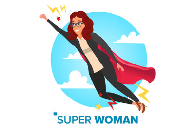 Super Businesswoman Character Vector. Achievement Victory Concept. Successful Superhero Business Woman Flying In Sky. Waving Red Cape. Isolated Flat Cartoon Illustration