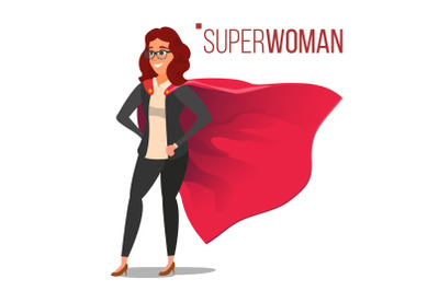 Superhero Businesswoman And Businessman Character Vector. Red Cape. Successful Business Woman And Man Standing And Flying. In Action. Leadership Concept. Creative Modern Business Superhero. Isolated