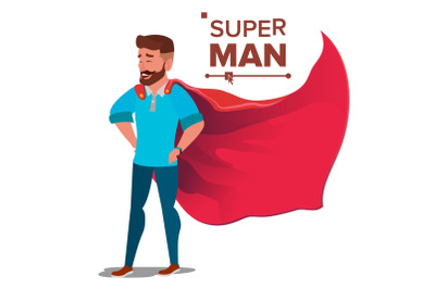 Super Businessman Character Vector. Successful Superhero Businessman Standing. Young Professional Salesman, Programmer. Office Achievement Victory Concept. Waving Red Cape. Cartoon Illustration