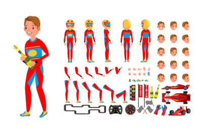 Sport Car Racer Male Vector. Red Uniform. Rally Race Car Driver. Animated Character Creation Set. Man Full Length, Front, Side, Back View. Auto Drawing Accessories, Emotions, Gestures. Illustration