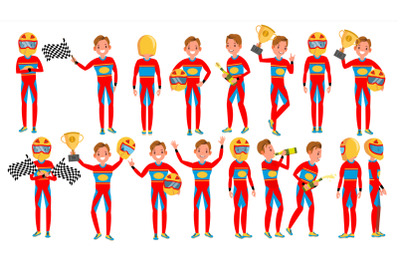 Sport Car Racer Man Male Vector. Turbo Rally. Poses. Modern Driver. Cartoon Athlete Character Illustration