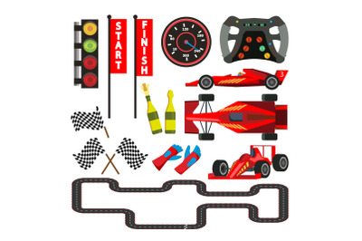 Sport Car Racing Icons Set Vector. Speedometer, Car Steering Wheel, Flag Checkered, Route, Traffic Light, Gloves, Cup, Champagne. Rally Accessories. Isolated Flat Cartoon Illustration