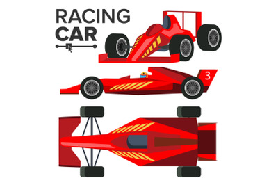 Racing Car Bolid Vector. Sport Red Racing Car. Front, Side, Back View. Auto Drawing. Illustration