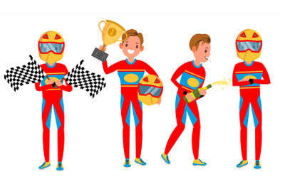 Sport Car Racer Male Vector. Racing Championship. Red Uniform. Poses. In Action. Cartoon Character Illustration