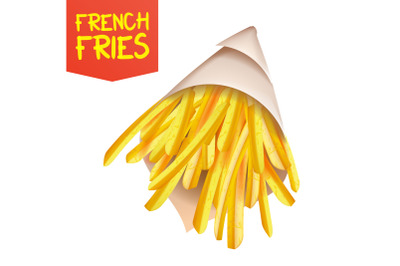 French Fries Potatoes Vector. Paper Bag Container. Tasty Fast Food Potato. Isolated Realistic Illustration