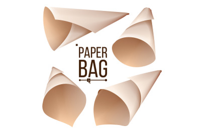 Paper Cone Bag Set Vector. Package, Container Sign, Icon. Different Views. Isolated Realistic Illustration