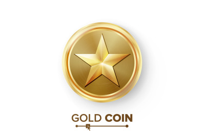 Game Gold Coin Vector With Star. Realistic