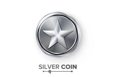 Game Silver Coin Vector With Star. Realistic Silver Achievement Icon Illustration. For Web, Video Game Or App Interface.