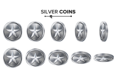 Game 3D Silver Coin Vector With Star. Flip Different Angles. Achievement Coin Icons, Sign, Success, Winner, Bonus, Cash Symbol. Illustration Isolated On White. For Web, Game Or App Interface.