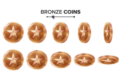 Game 3D Bronze Coin Vector With Star. Flip Different Angles. Achievement Coin Icons, Sign, Success, Winner, Bonus, Cash Symbol. Illustration Isolated On White. For Web, Game Or App Interface.