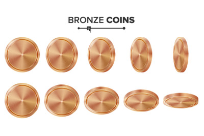 Empty 3D Bronze, Copper Coins Vector Blank Set. Realistic Template. Flip Different Angles. Investment, Web, Game App Interface Concept. Coin Icon, Sign, Banking Cash Symbol. Currency Isolated