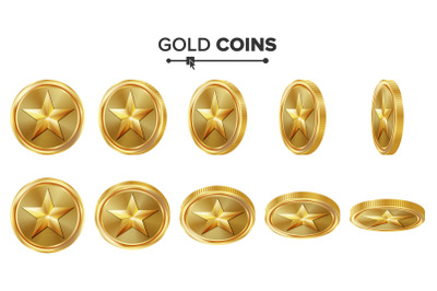 Game 3D Gold Coin Vector With Star. Flip Different Angles. Achievement Coin Icons, Sign, Success, Winner, Bonus, Cash Symbol. Illustration Isolated On White. For Web, Game Or App Interface.