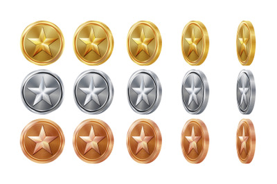 Game 3D Gold, Silver, Bronze Coins Set Vector With Star. Flip Different Angles. Achievement Coin Icons, Sign, Success, Winner, Bonus, Cash Symbol. Illustration Isolated. For Web, Game App Interface