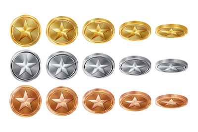 Game 3D Gold, Silver, Bronze Coins Set Vector With Star. Flip Different Angles. Achievement Coin Icons, Sign, Success, Winner, Bonus, Cash Symbol. Illustration Isolated. For Web, Game App Interface