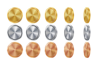 Empty 3D Gold, Silver, Bronze Coins Vector