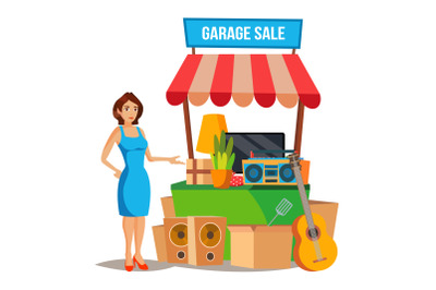 Yard Sale Vector. Household Items Sale. Woman Manning a Garage Sale. Cartoon Character Illustration