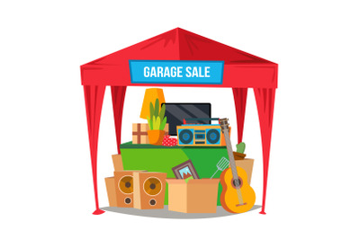 Garage Sale Vector. Sale Items. Preparing A Yard Sale. Isolated Flat Cartoon Character Illustration