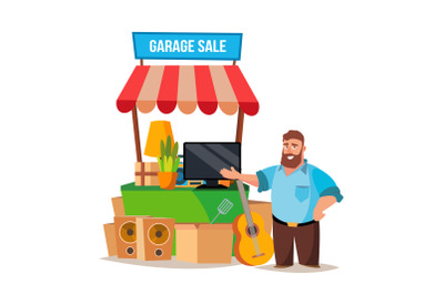 Yard Sale Vector. Man Having A Garage Sale. Isolated On White Cartoon Character Illustration