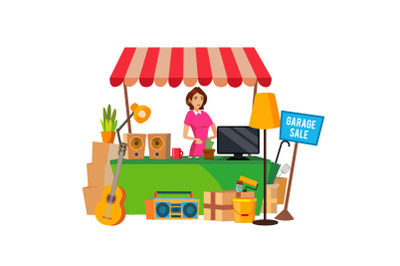 Garage Sale Vector. Assorted Household Items. Flat Cartoon Illustration