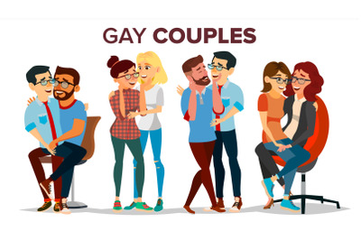 Gay, Lesbian Couple Set Vector. Hugging Men And Women. Same Sex Marriage. Romantic Homosexual Relationship. LGBT. LGBTQ. Isolated Flat Cartoon Character Illustration