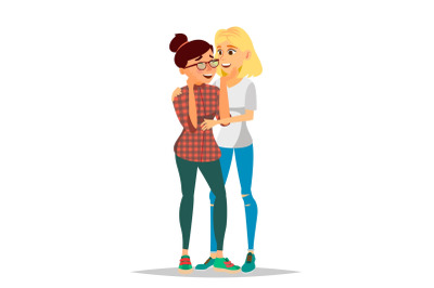 Lesbian Female Couple Vector. Romantic Homosexual Relationship. LGBT. LGBTQ. Isolated Flat Cartoon Character Illustration