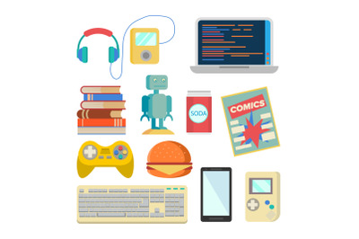 Nerd Items Set Vector. Geek Accessories. Headphones, Player, Laptop, Robot, Toy, Phone, Keyboard, Tetris, Comics, Soda, Burger, Books. Isolated Flat Cartoon Illustration