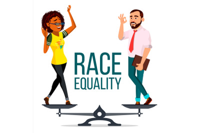 Race Equality Vector. On Scales. People Different Race And Skin Color Equal Rights. Isolated Flat Cartoon Illustration