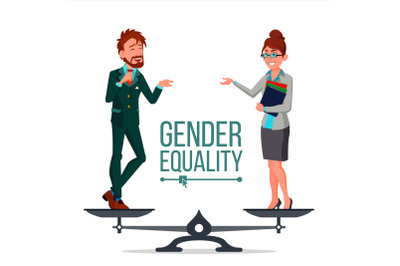 Gender Equality Vector. Man And Woman. Standing On Scales. Equal Rights. Isolated Flat Cartoon Illustration