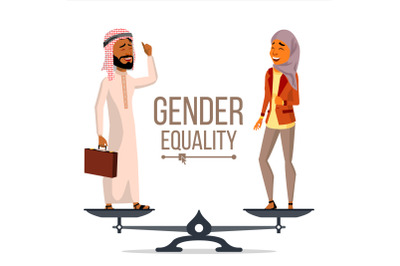 Gender Equality Vector. Businessman, Business Woman. Equal Opportunity, Rights. Male And Female. Standing On Scales. Isolated Flat Cartoon Illustration