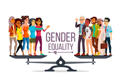 Gender Equality Vector. Man, Woman, Male, Female On Scales. Equal Opportunity. Isolated Flat Cartoon Illustration