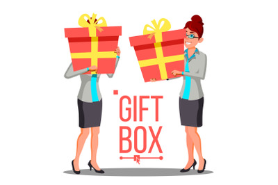 Business Woman Holding Red Gift Box Vetor. Holidays Present Concept. Isolated Illustration